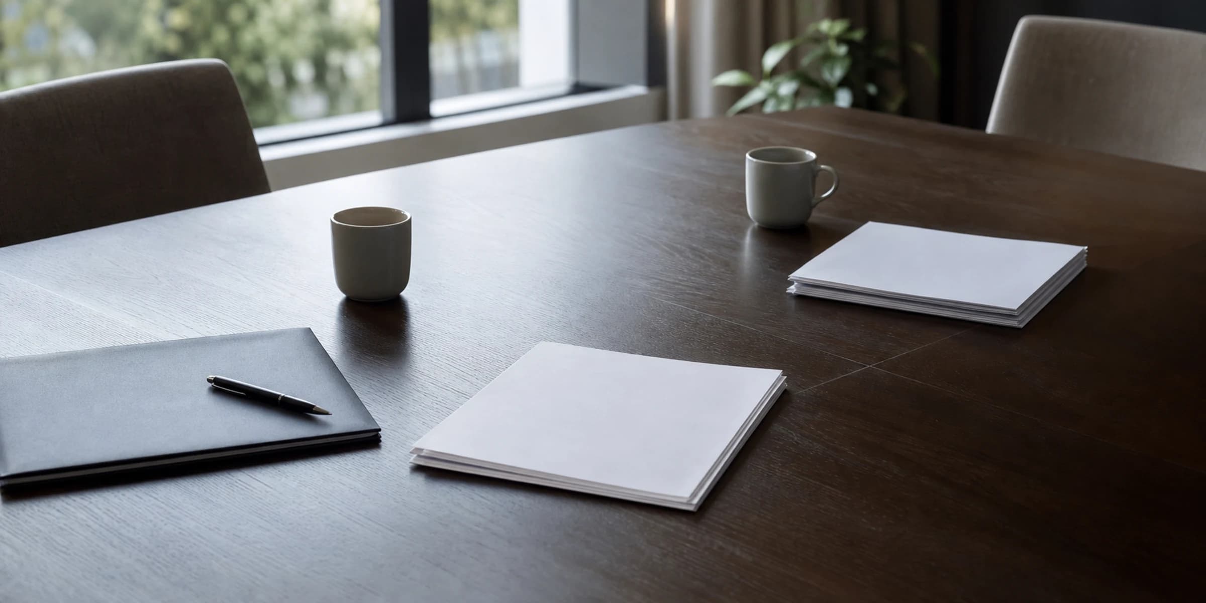 A quiet conference table with squared papers and two cups after a meeting.